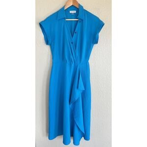 Calvin Klein Blue Asymmetrical Faux Wrap Midi Dress 6 V Neck Career Work
